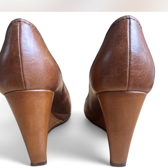 Pradal Leather Camel Tan Square Peep Toe Wedges Size 37 or US 7 - Picture 5 of 10